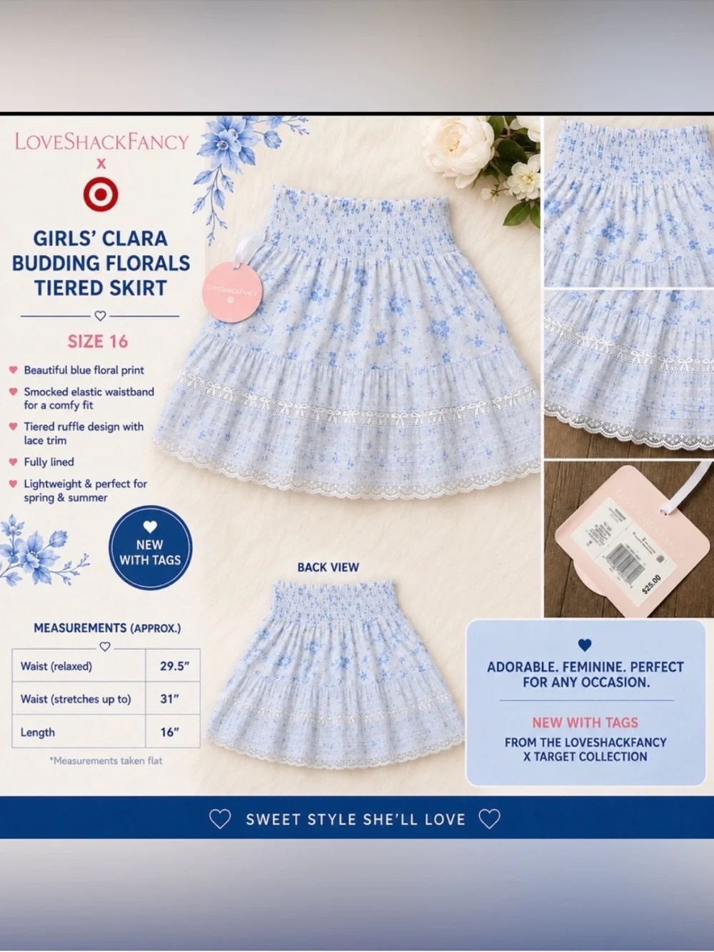 LoveShackFancy x Target Girls Clara Budding Florals Tiered Skirt Size 14 NWT